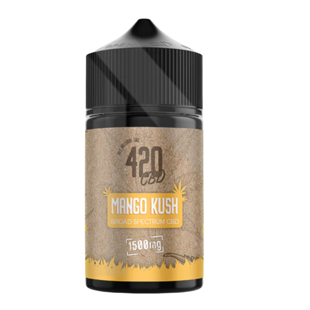 420 CBD Mango Kush CBD oil bottle on a white background