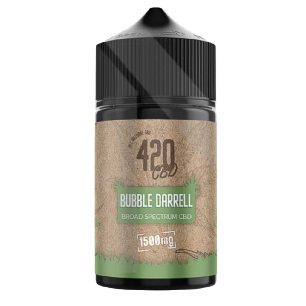 CBD oil bottle labeled '420 CBD Bubble Darrell' on a white background