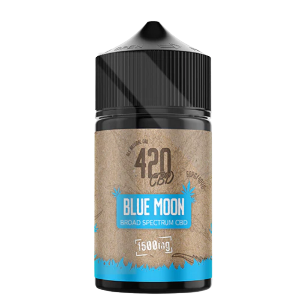 CBD oil bottle labeled 'Blue Moon' with '420 CBD' branding on a white background