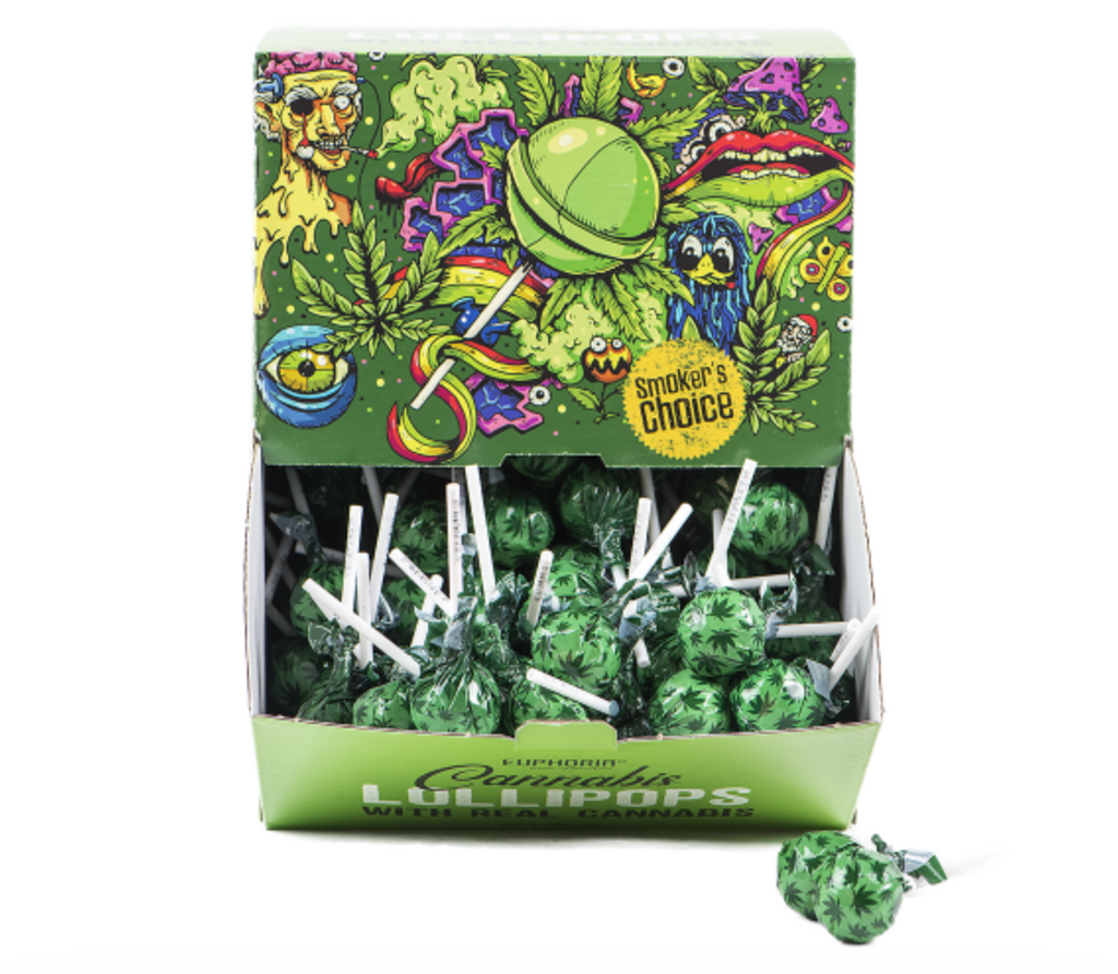 Box of Cannabis Lollipops with colorful packaging on a white background