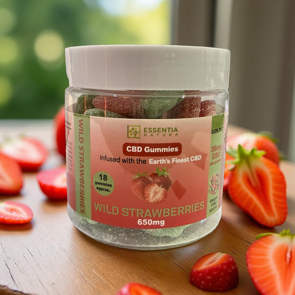 Jar of CBD gummies labeled 'Essentia Natura' with wild strawberries on a wooden surface.