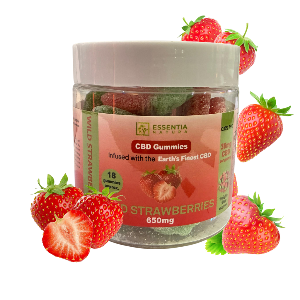Jar of CBD gummies with strawberry flavor surrounded by strawberries on a white background