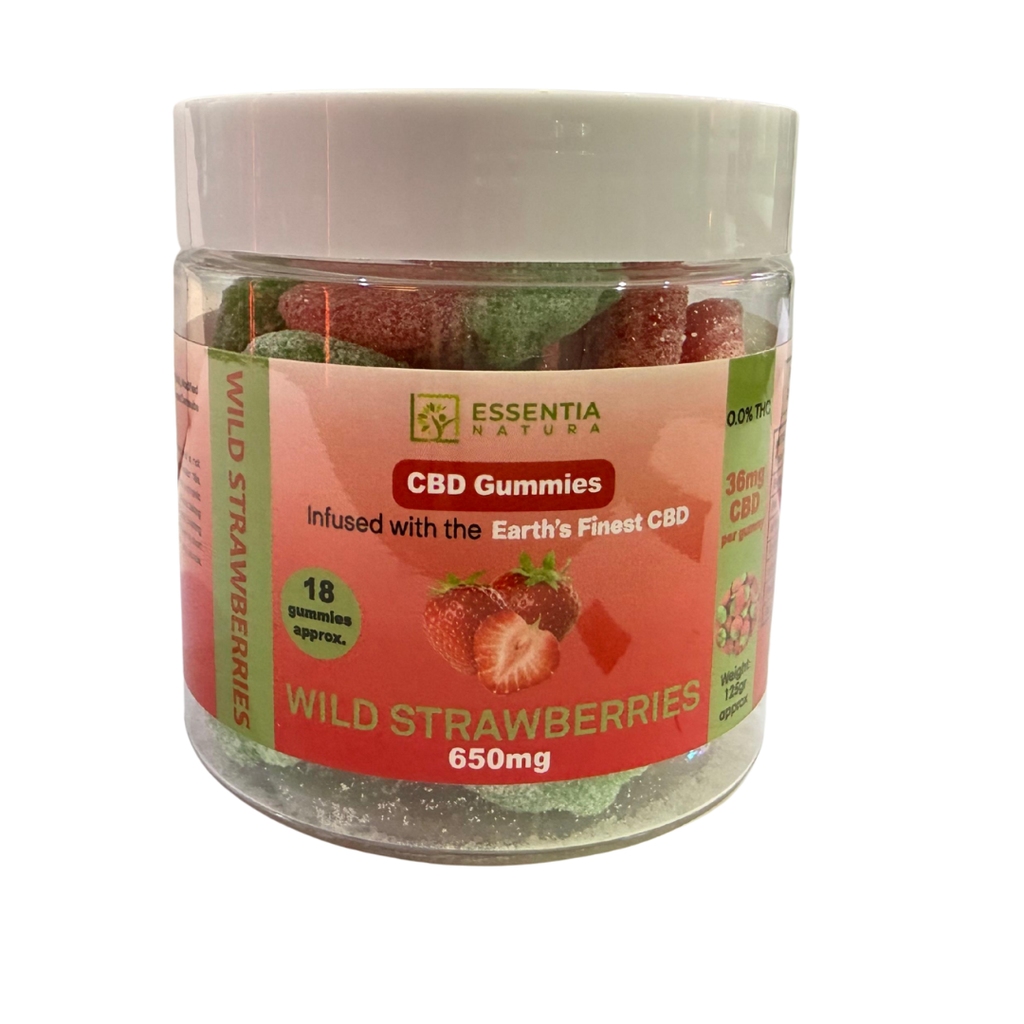 Jar of Essentia Natura CBD Gummies with wild strawberries on a white background