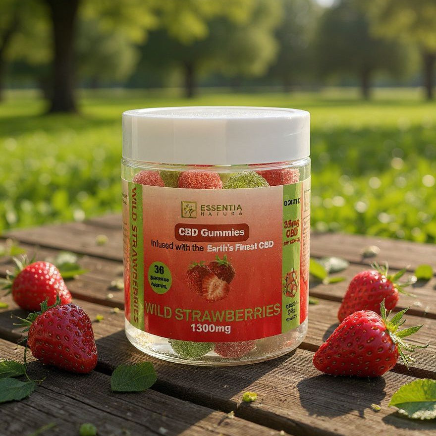 Jar of Essentia CBD Gummies with wild strawberries on a wooden surface outdoors.