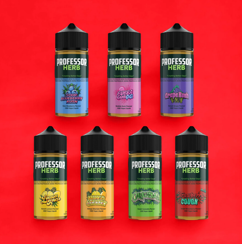 Professor Herb vape juice bottles on a red background