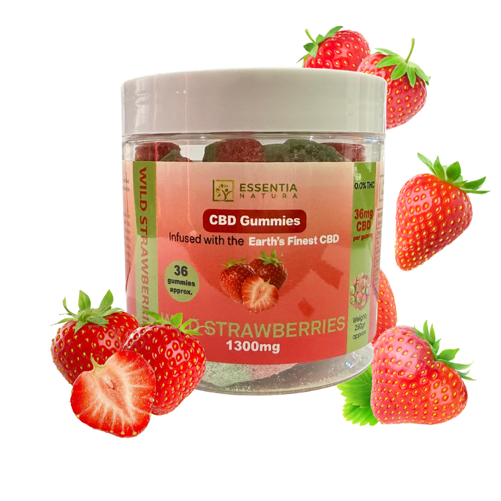 Jar of Essentia Natura CBD Gummies with wild strawberries on a white background