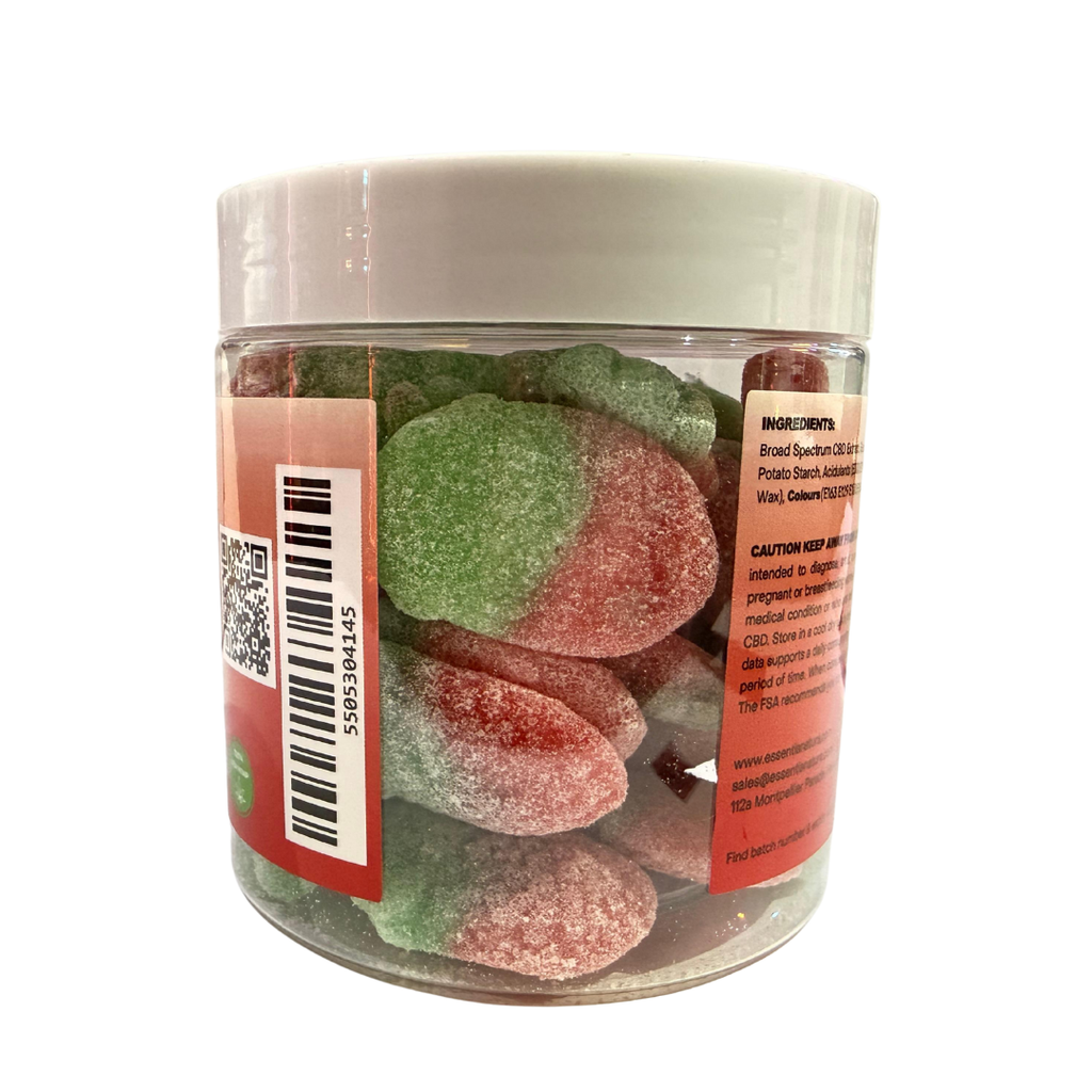 Jar of gummy candies with a white lid on a white background