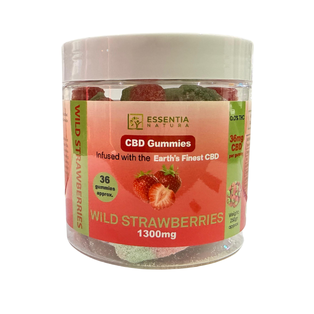 Jar of Essentia Natura CBD Gummies with wild strawberry flavor on a white background