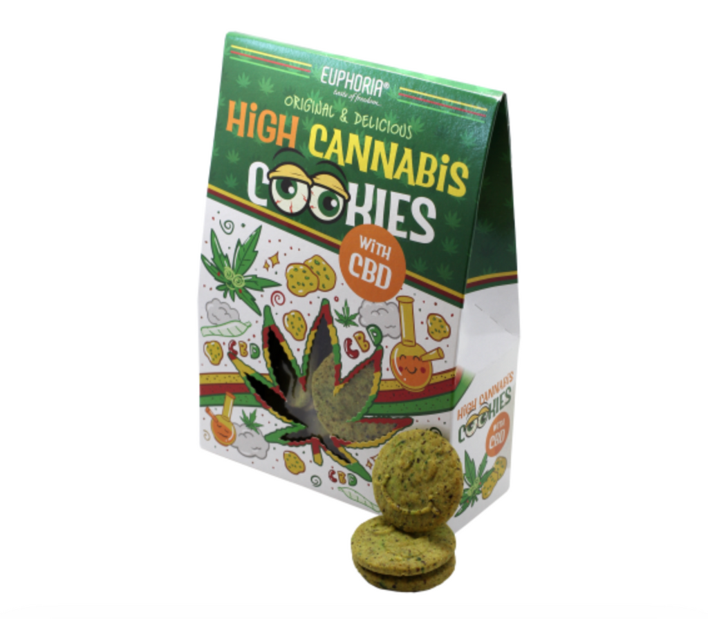 Packaging of High Cannabis Cookies with CBD by Euphoria on a white background