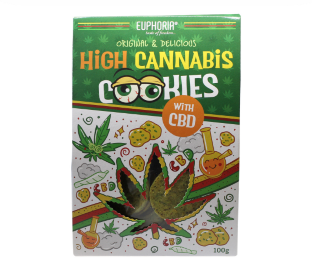 Packaging of Euphoria High Cannabis Cookies with CBD on a white background