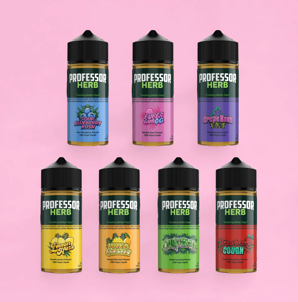 Professor Herb vape juice bottles on a pink background
