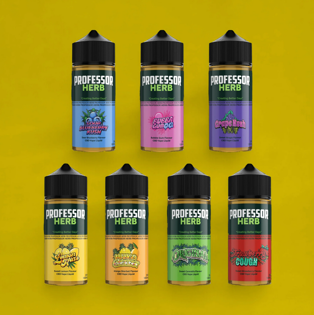 Professor Herb vape juice bottles on a yellow background