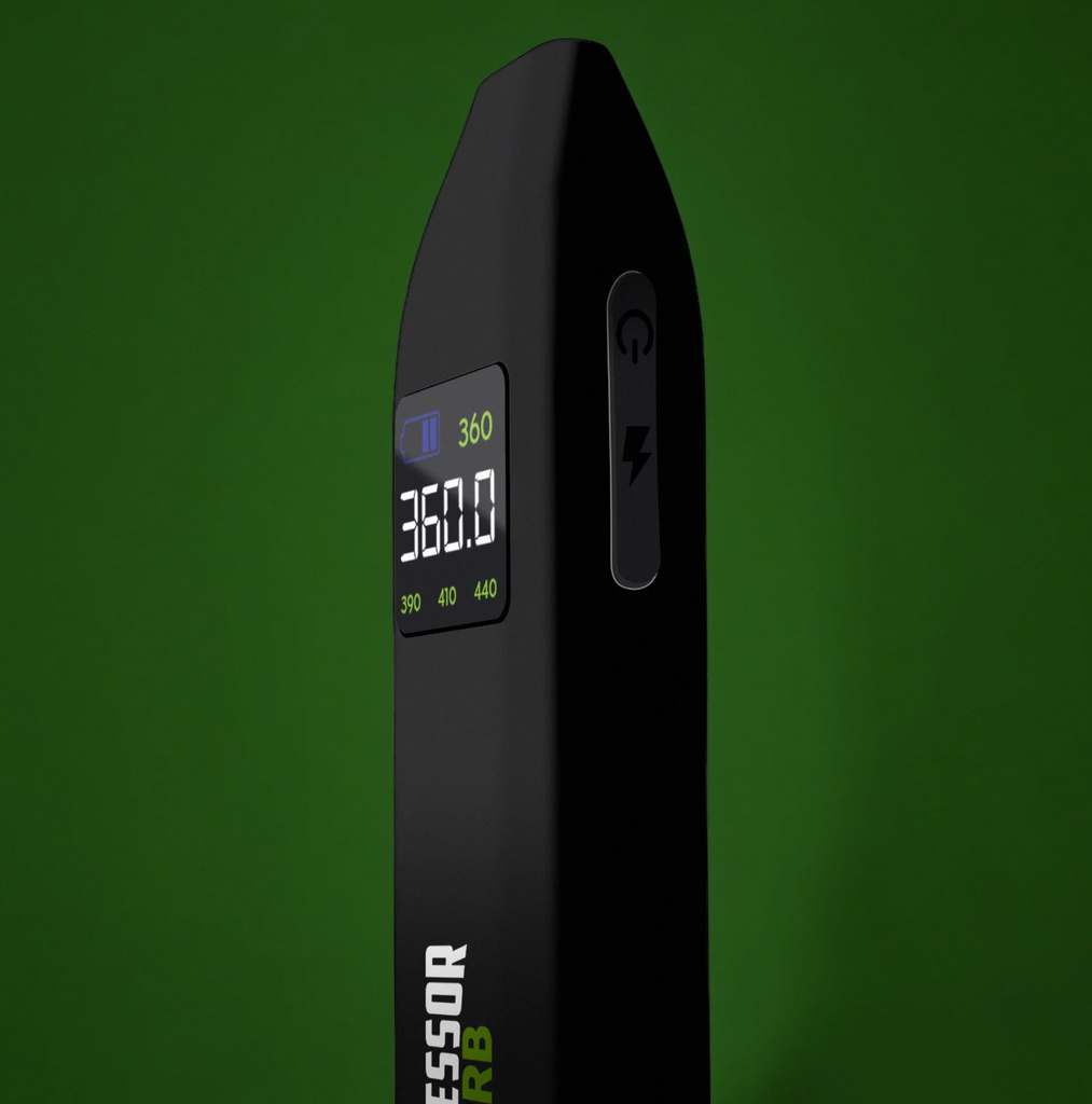 Black electronic device with digital display on a green background